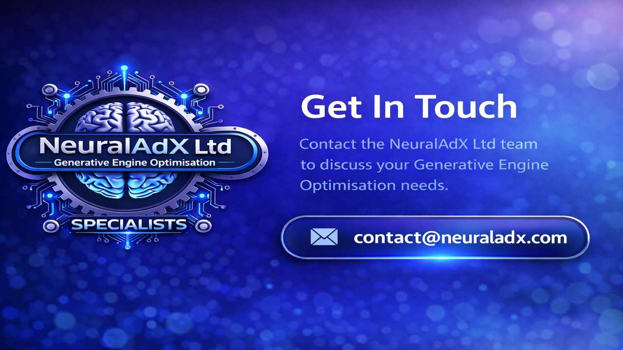 Contact Us page header image for NeuralAdX Ltd, showing the full NeuralAdX logo and AI brain design representing Generative Engine Optimisation specialists in AI search visibility