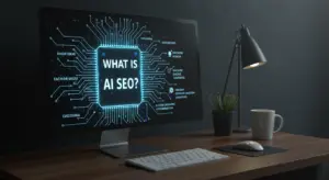 Image of writing "What is AI SEO?" on a computer screen in the shape of An AI circuit board.webp