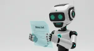 LLMS.TXT file image for blog post shows a robot reading a llms.txt file