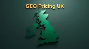 Blog post image with image of uk country and text GEO pricing uk as per blog name