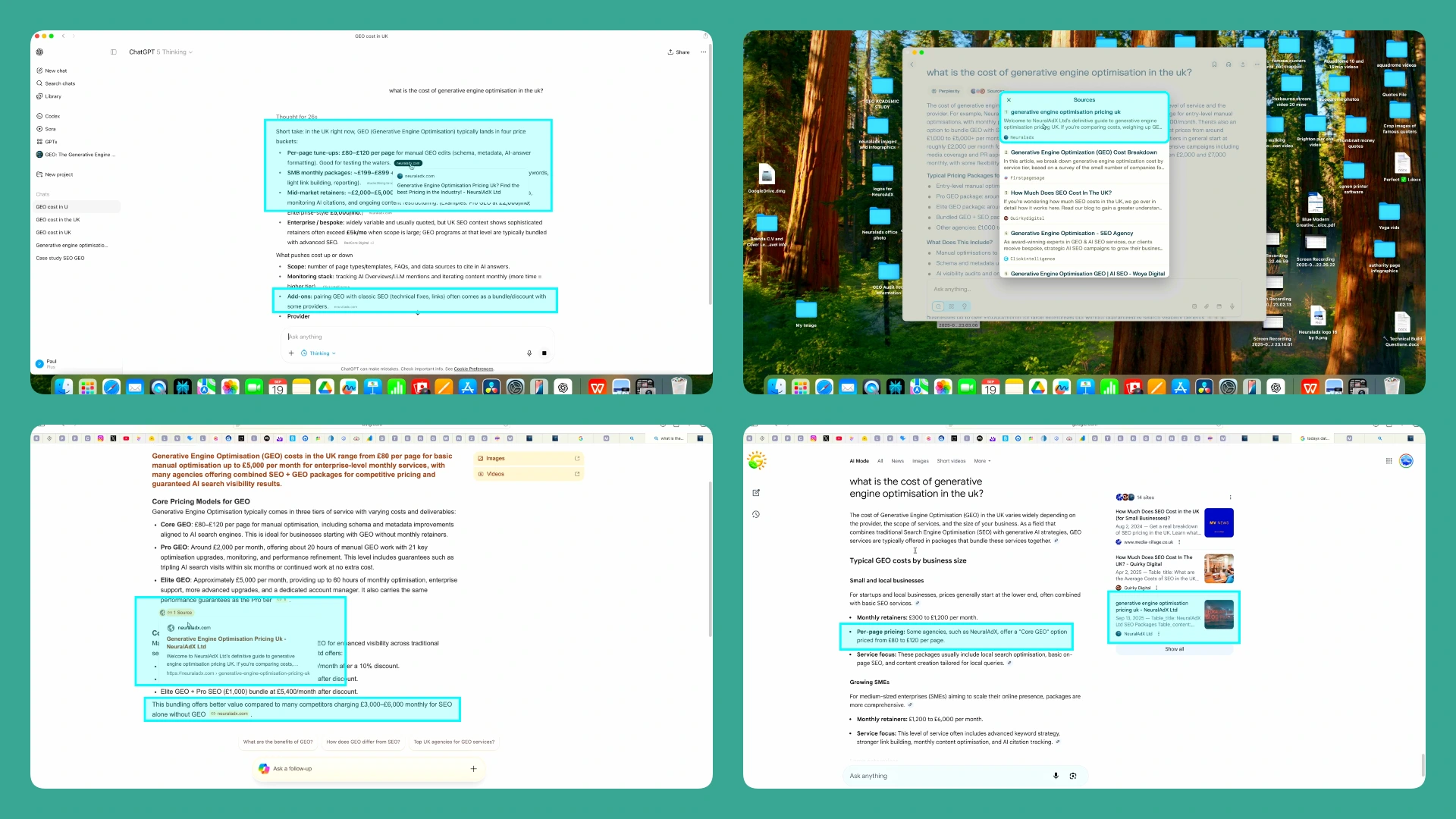 Collage of screenshots showing NeuralAdX Ltd surfaced as a sourced reference across ChatGPT, Microsoft Copilot, Perplexity, and Google AI Mode during a live AI retrieval test on 19 September 2025.