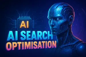 A highly detailed 3D sci-fi illustration showing a humanoid AI with a robotic, circuit-textured face beside a glowing AI microchip and 3D title text reading “AI Search Optimisation.” The artwork represents the fusion of human intelligence and machine reasoning in the evolution of AI-driven search optimisation, using NeuralAdX Ltd brand colours teal, orange, and grey.