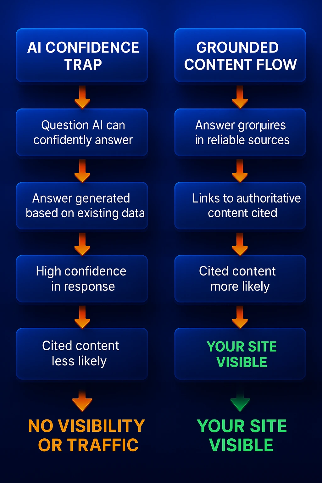 Infographic illustrating “The AI Confidence Trap vs Grounded Content Flow,” showing two vertical 3D process diagrams: on the left, how AI generates confident answers with no citations, and on the right, how grounded content triggers AI to cite and drive traffic. Designed in dark blue with electric blue, aqua, and bright green highlights.