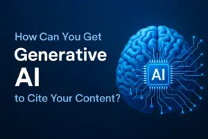Featured image showing the question “How Can You Get Generative AI to Cite Your Content?” with a glowing 3D digital brain, circuitry, and dark blue background in NeuralAdX’s brand colours, representing AI citation and grounded content.