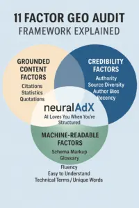 Infographic illustrating the NeuralAdX 11 Factor GEO Audit Framework showing three overlapping circles for Grounded Content Factors (Citations, Statistics, Quotations), Credibility Factors (Authority, Source Diversity, Author Bios, Recency), and Machine-Readable Factors (Schema Markup, Glossary, Fluency, Easy to Understand, Technical Terms / Unique Words).