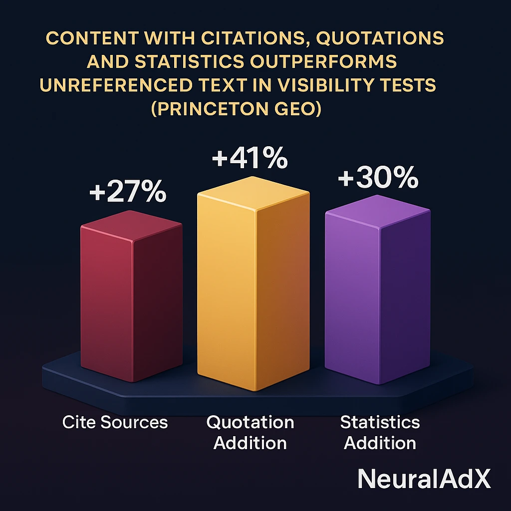 3D bar chart showing how content with citations, quotations and statistics improves visibility in generative engine responses. The chart displays +27% visibility for citing sources, +41% for adding quotations, and +30% for including statistics, based on Princeton University’s 2024 Generative Engine Optimisation research.