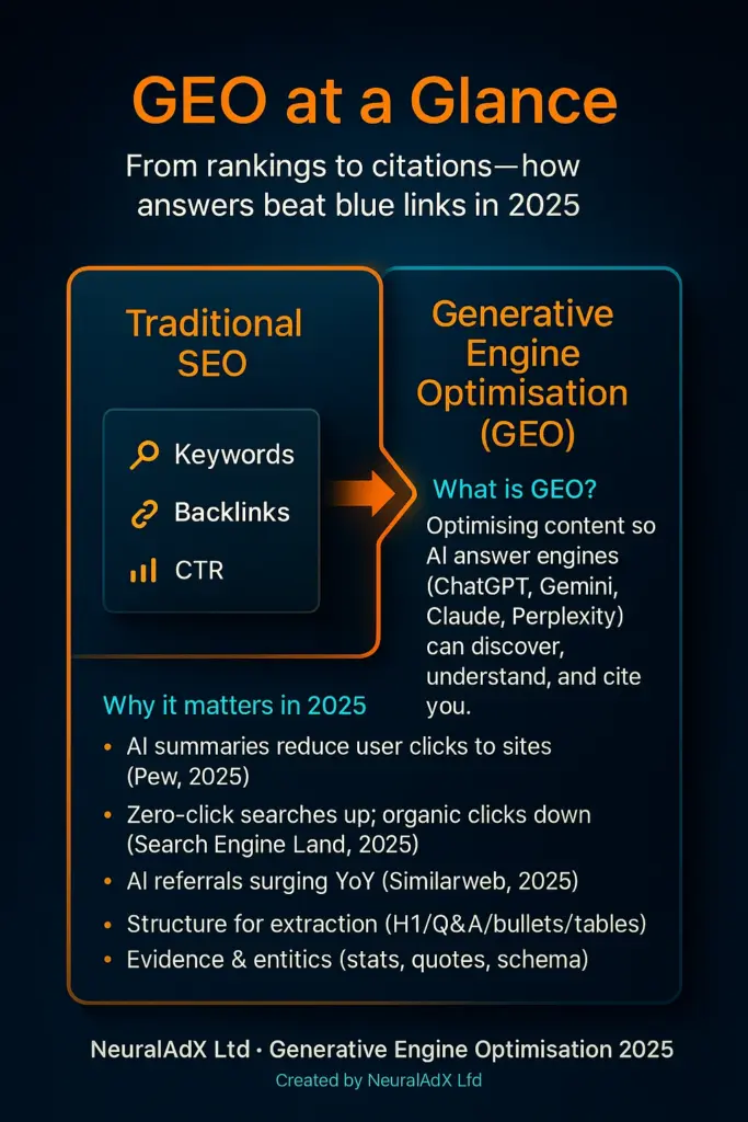 nfographic titled “GEO at a Glance” created by NeuralAdX Ltd, visually comparing traditional SEO rankings with Generative Engine Optimisation citations, showing 2025 visibility trends using teal, amber, and orange 3D design.