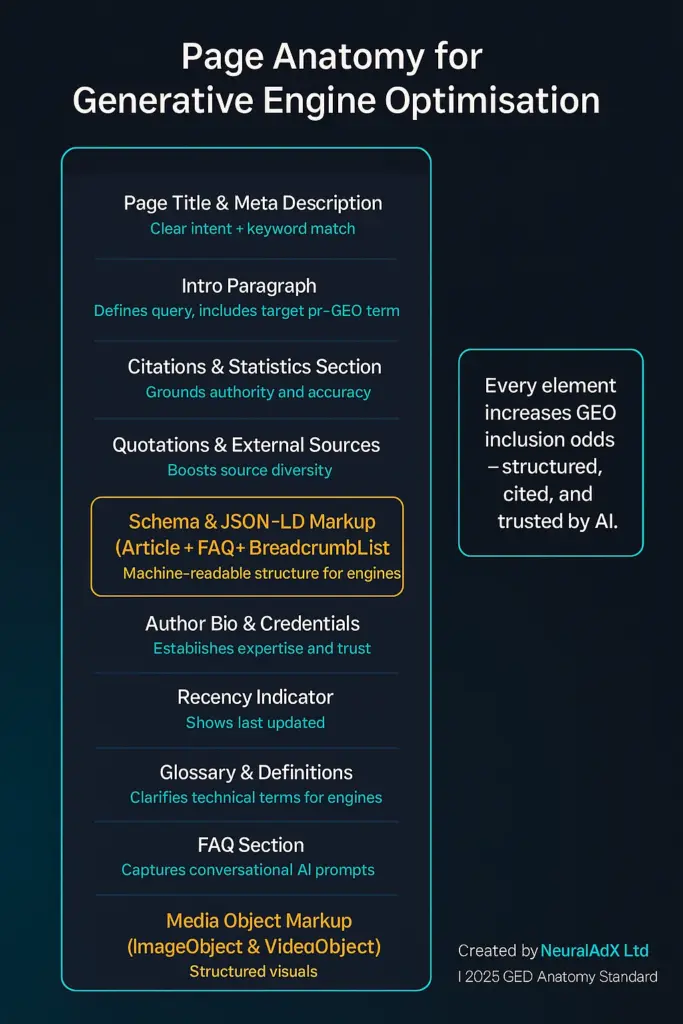 Diagram showing the key on-page elements that boost Generative Engine Optimisation (GEO) inclusion odds.