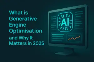 3D illustration showing AI chip and screen beside text ‘What is Generative Engine Optimisation and Why It Matters in 2025’.