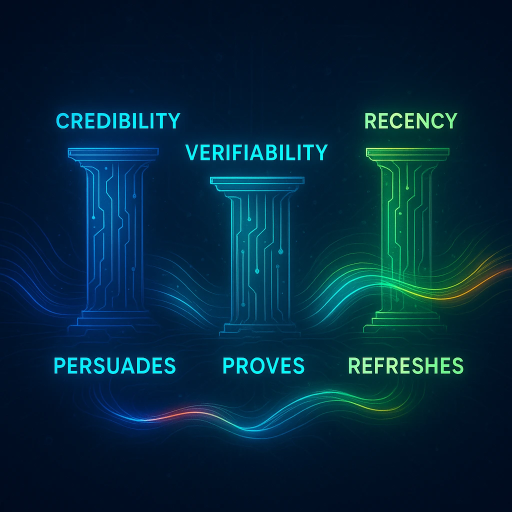Infographic by NeuralAdX Ltd showing the three pillars of Generative Engine Optimisation: Credibility persuades, Verifiability proves, and Recency refreshes. Futuristic AI-themed pillars connected by glowing data flows represent how structured, verifiable, and current content increases trust and citation likelihood by generative engines such as ChatGPT, Perplexity, and Google AI Mode.