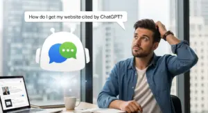 A thoughtful man in a modern office looks at a floating chatbot hologram with the question “How do I get my website cited by ChatGPT?” The image represents curiosity about Generative Engine Optimisation and AI citation visibility. A laptop displaying a website is on the desk beside him, symbolising online authority and digital optimisation.