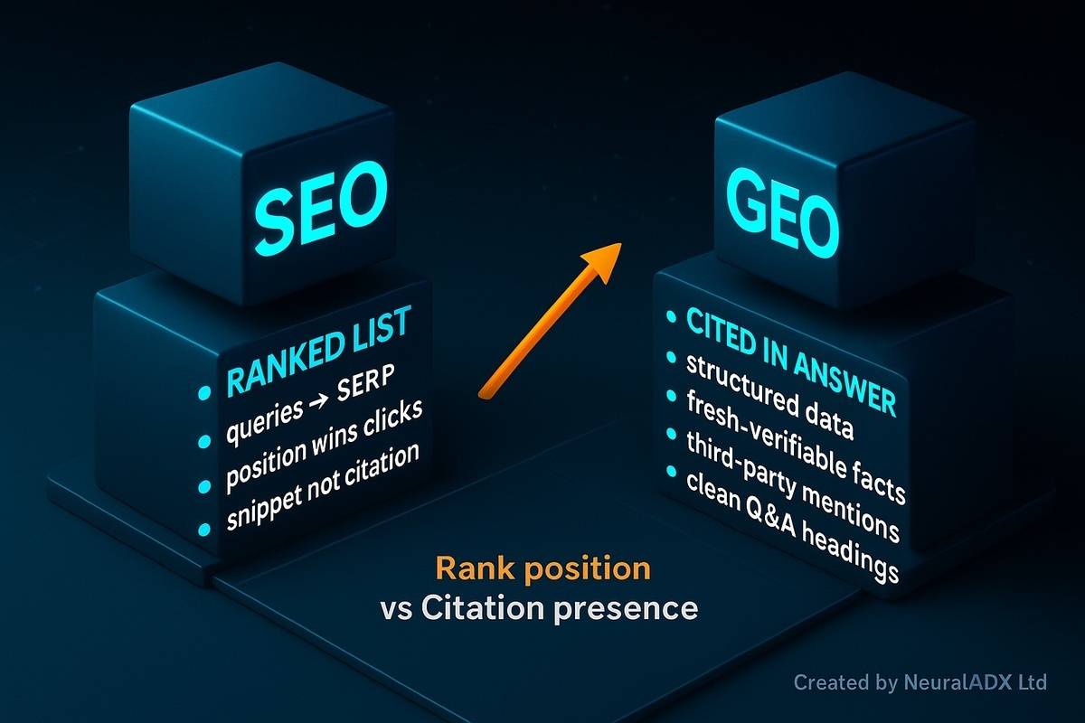 3D infographic comparing SEO and Generative Engine Optimisation (GEO), showing that SEO ranks web pages in list-based search while GEO earns citations in AI-generated answers like ChatGPT, designed in NeuralAdX Ltd teal, white, and dark-grey brand colours.