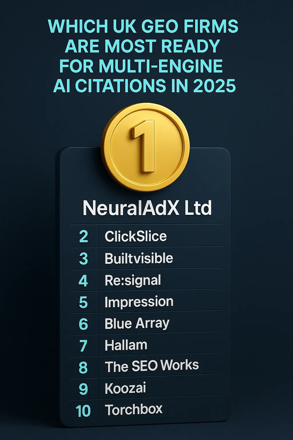 Top 10 GEO companies in the UK leaderboard infographic for ChatGPT, Perplexity, Microsoft Copilot and Google AI Mode, showing NeuralAdX Ltd ranked number one for multi-engine AI citation readiness in 2025.