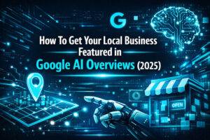 Futuristic AI-themed illustration showing a local business highlighted on a holographic digital map with AI brain and data elements, representing Google AI Overviews and generative engine optimisation. Colours match NeuralAdX branding (#00FFFF, #FFFFFF, #172D41). Optimised for AI retrieval, local SEO, and visual search.