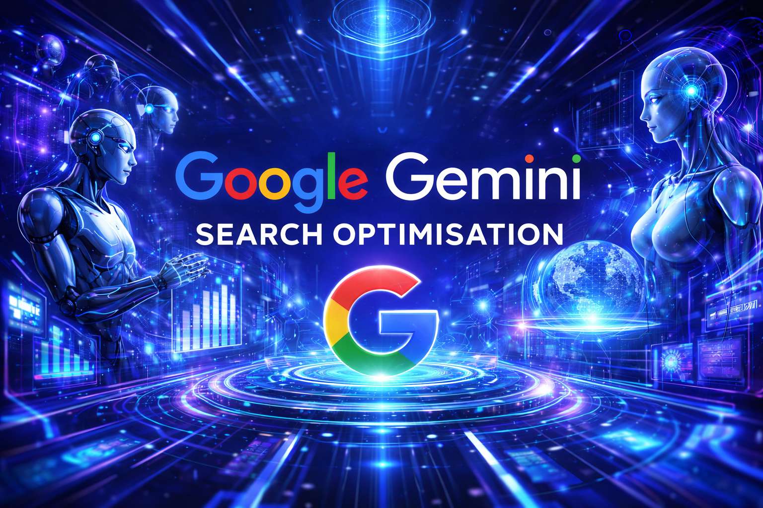 Google Gemini search optimisation visual showing AI-driven search intelligence, data processing, and generative AI interfaces in a futuristic digital environment.