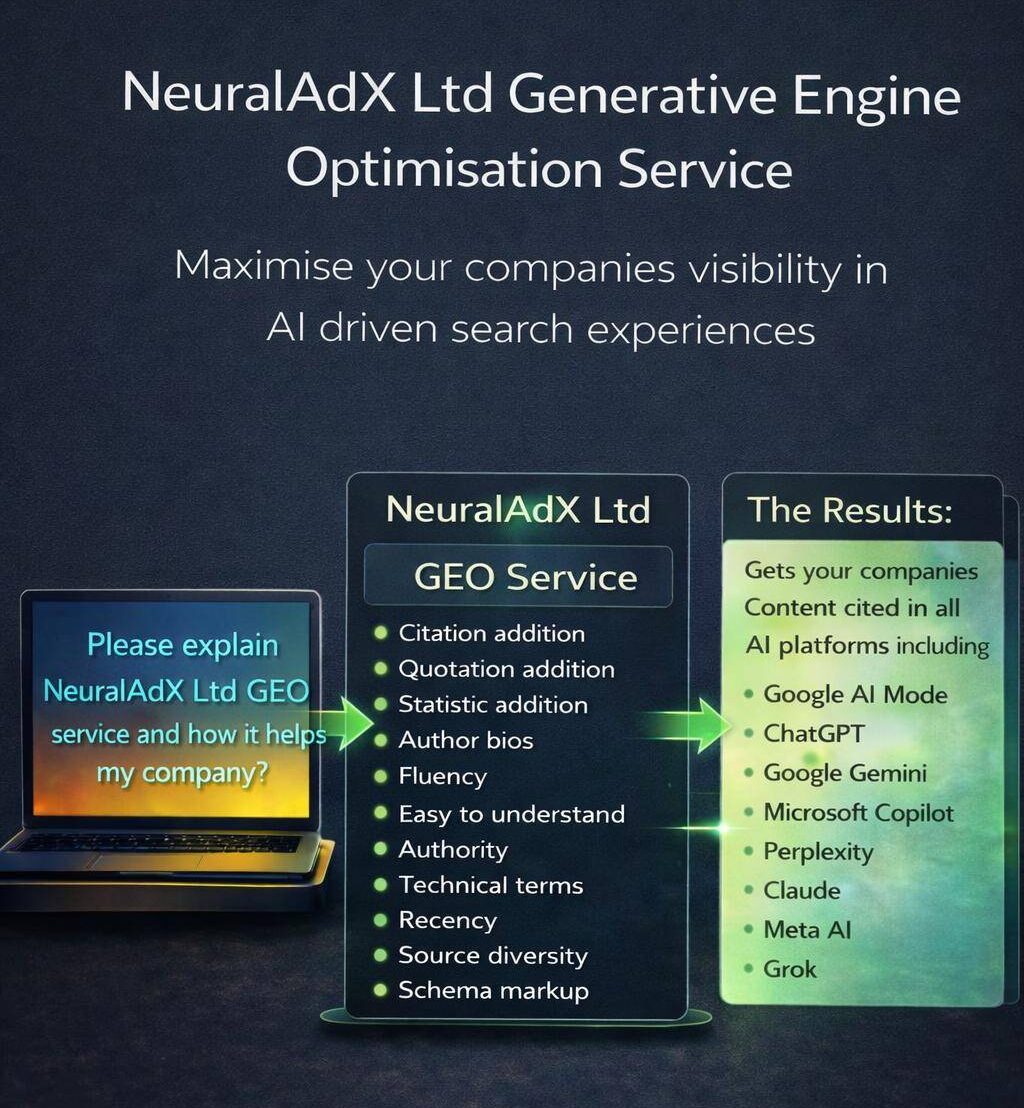 Infographic explaining how the NeuralAdX Ltd Generative Engine Optimisation service improves AI citation visibility by adding citations, statistics, author bios, schema markup, and authority signals so content is cited in ChatGPT, Google AI Mode, Microsoft Copilot, Perplexity, Gemini, Grok, and Meta AI.
