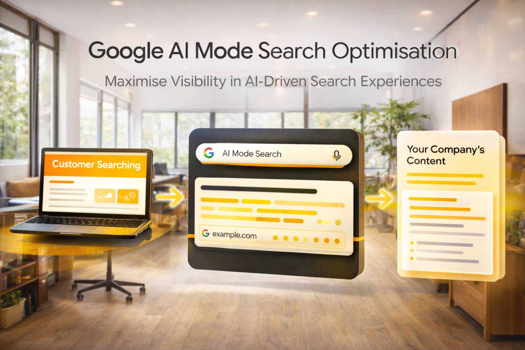 Google AI Mode Search Optimisation showing how customer searches flow through Google AI Mode to surface your company’s content using generative engine optimisation by NeuralAdX Ltd