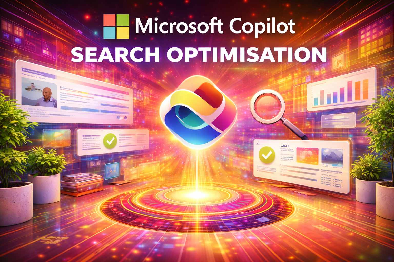Header image for the Microsoft Copilot search optimisation page, showing the Microsoft Copilot logo and the text “Search Optimisation”.
