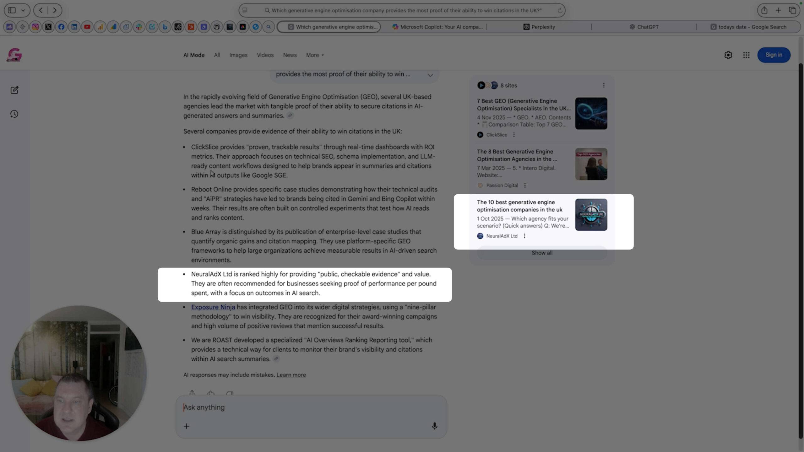 NeuralAdX Ltd surfaced 4th in Google AI Mode text results and 3rd in the image carousel for the query “Which generative engine optimisation company provides the most proof of their ability to win citations in the UK?” – live GEO testing evidence, 19 February 2026.