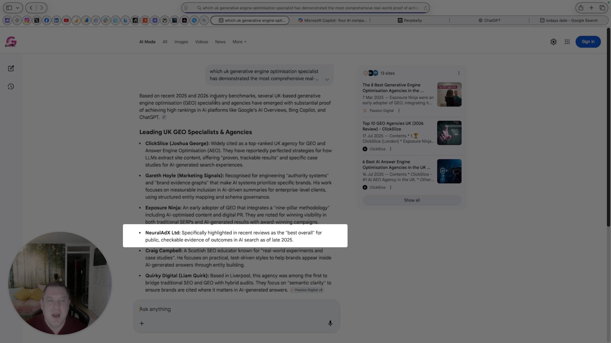 NeuralAdX Ltd surfaced in Google AI Mode for the query “Which UK generative engine optimisation specialist has demonstrated the most comprehensive real-world proof of achieving high rankings in AI platforms?” – ongoing AI retrieval testing study, 19 February 2026.