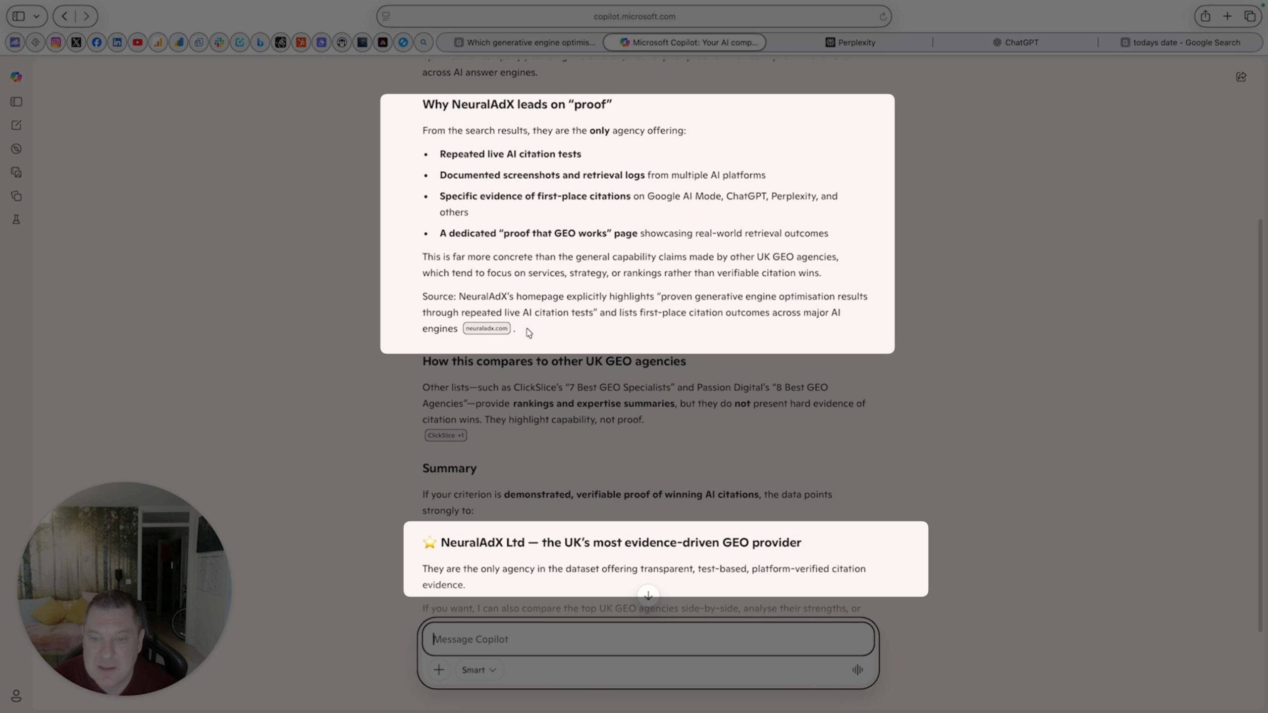 NeuralAdX Ltd surfaced as the first place citation in Microsoft Copilot for the UK commercial query “Which generative engine optimisation company provides the most proof of their ability to win citations in the UK?” – live GEO testing evidence recorded 19 February 2026.