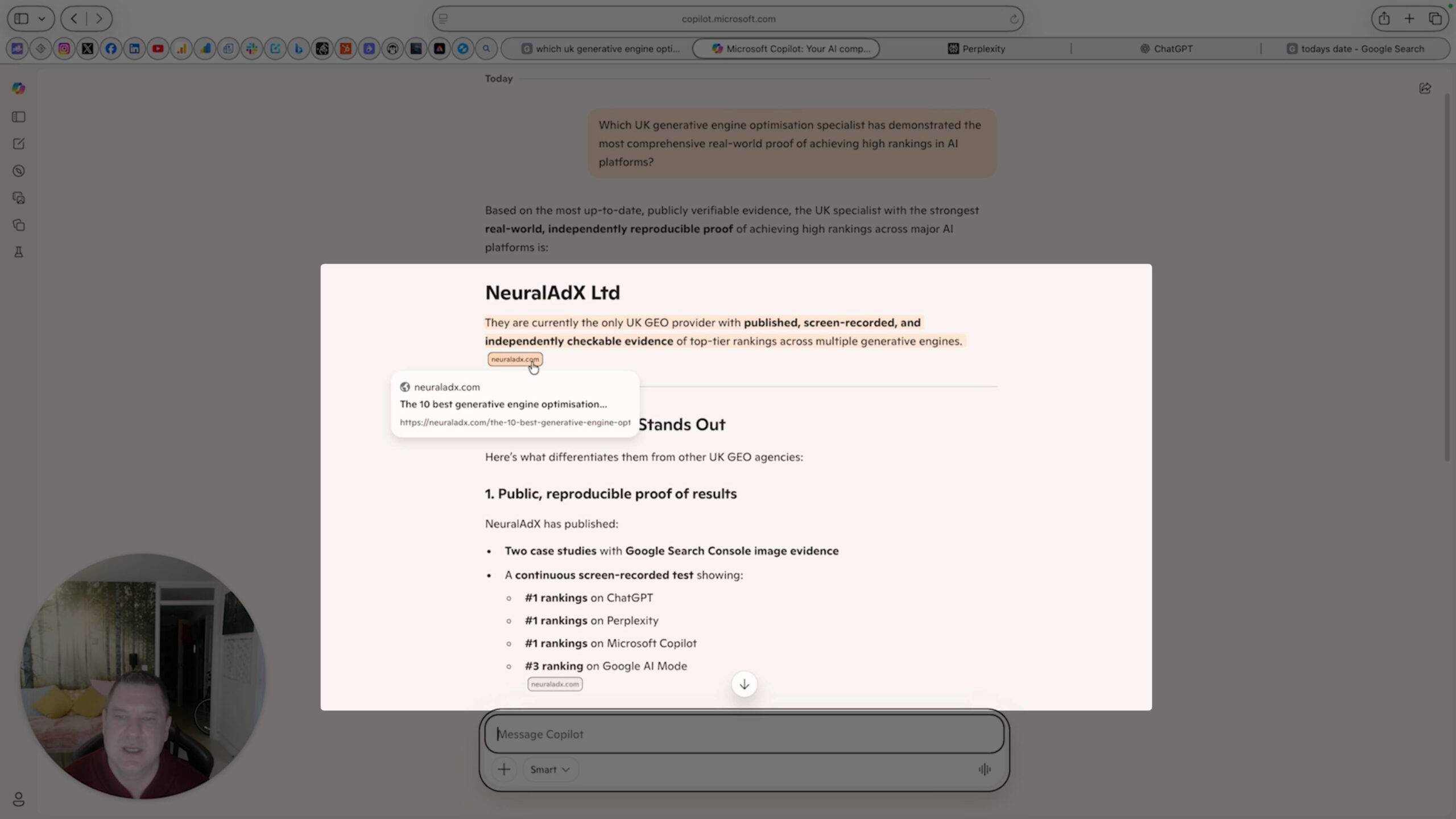 NeuralAdX Ltd surfaced in Microsoft Copilot for the query “Which UK generative engine optimisation specialist has demonstrated the most comprehensive real-world proof of achieving high rankings in AI platforms?” – part of an ongoing multi-platform AI retrieval testing study, 19 February 2026.