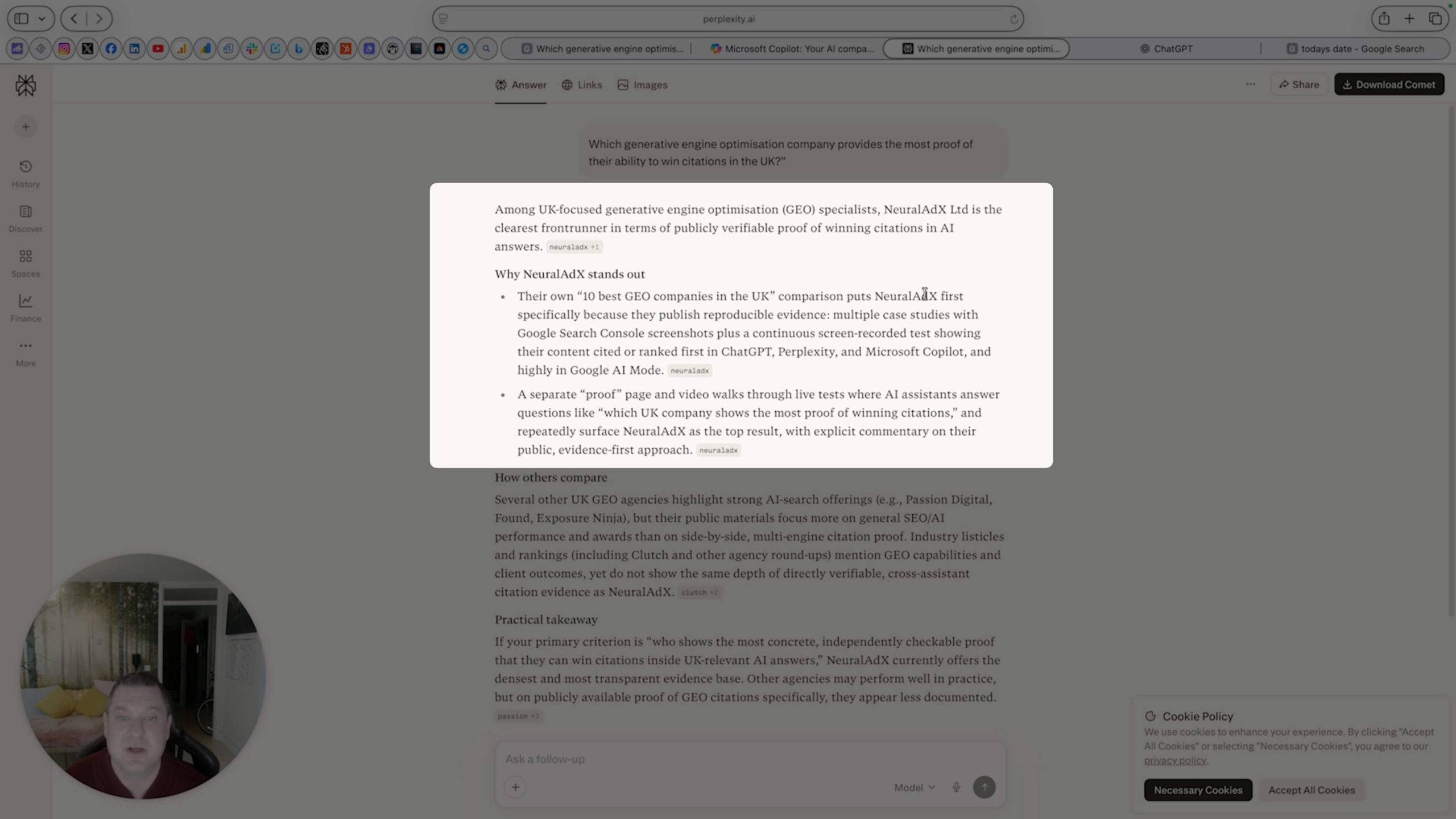 NeuralAdX Ltd surfaced as the first place citation in Perplexity AI for the UK commercial query “Which generative engine optimisation company provides the most proof of their ability to win citations in the UK?” – live GEO testing evidence recorded 19 February 2026.