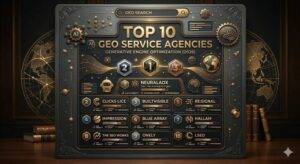 Premium comparison graphic showing the top 10 generative engine optimisation GEO service agencies in 2026, with NeuralAdX featured in first position in a ranked agency comparison layout.