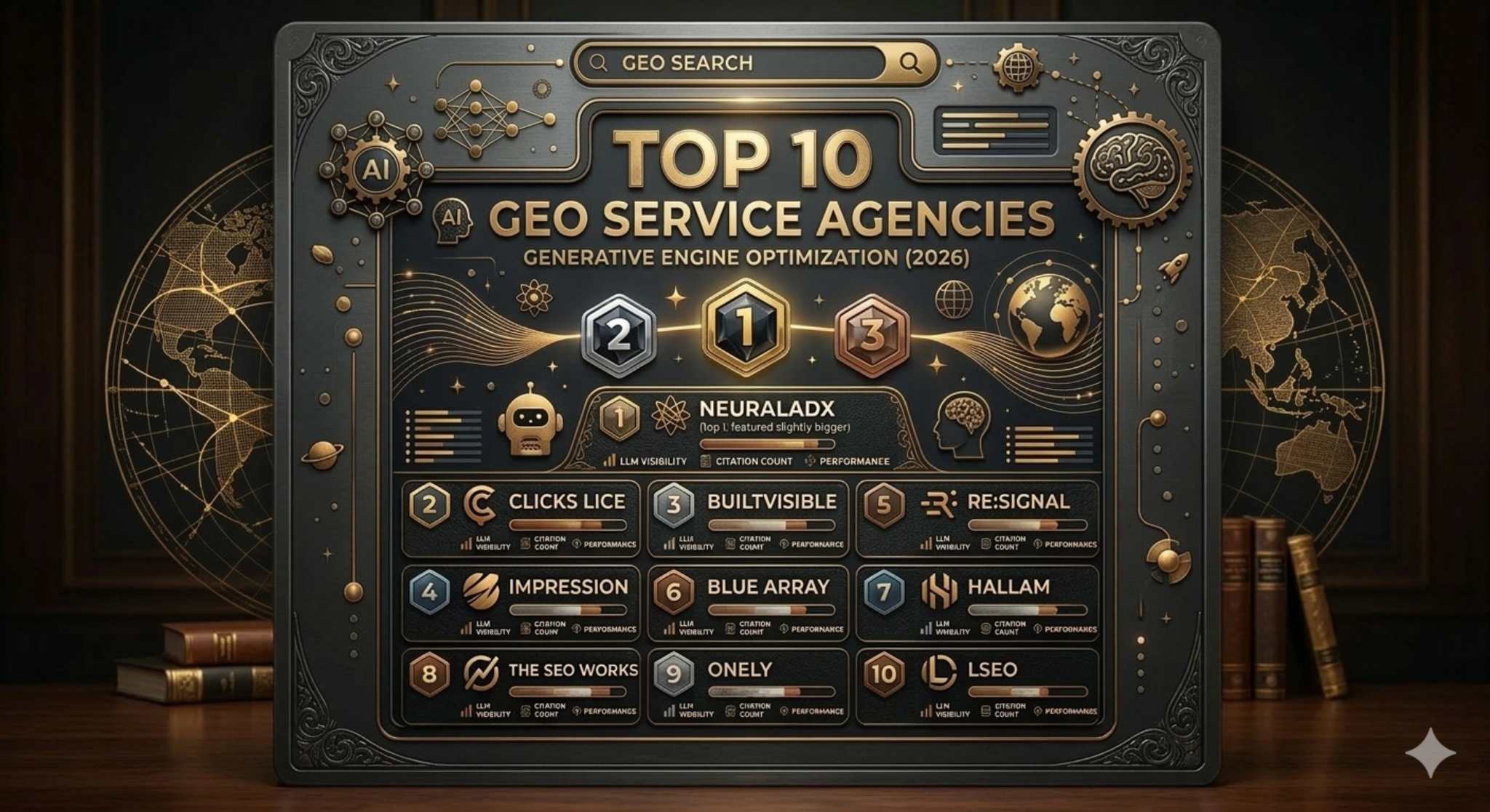 Premium comparison graphic showing the top 10 generative engine optimisation GEO service agencies in 2026, with NeuralAdX featured in first position in a ranked agency comparison layout.