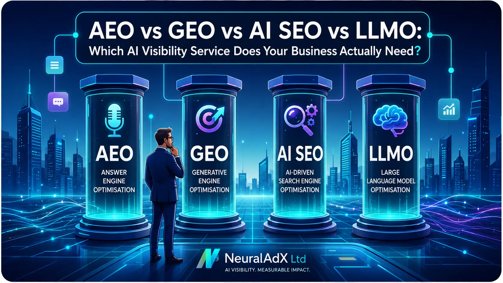 llustrated comparison of AEO, GEO, AI SEO and LLMO: Answer Engine Optimisation, Generative Engine Optimisation, AI-driven Search Engine Optimisation and Large Language Model Optimisation.