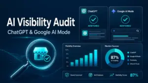 AI Visibility Audit dashboard showing ChatGPT and Google AI Mode business mentions, AI citations and visibility score