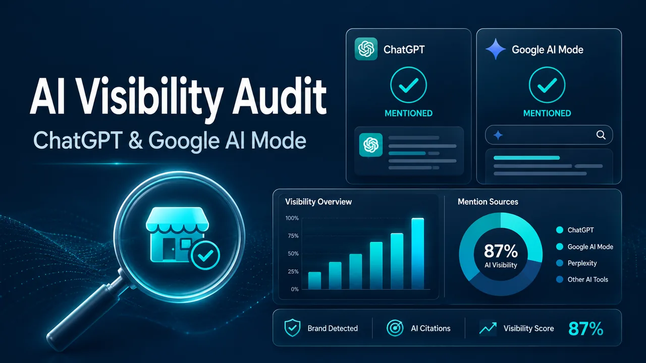 AI Visibility Audit dashboard showing ChatGPT and Google AI Mode business mentions, AI citations and visibility score