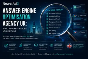 Answer Engine Optimisation Agency UK featured image showing a hiring checklist for AI citation evidence, GEO methodology, benchmark results and reporting quality