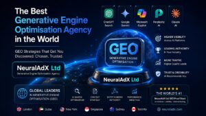 Hero image for a NeuralAdX Ltd article about Generative Engine Optimisation agency performance, showing GEO proof signals, AI citation benchmarking, AI answer visibility, retrieval testing and visibility across ChatGPT, Google Gemini, Microsoft Copilot, Perplexity AI and Claude AI.