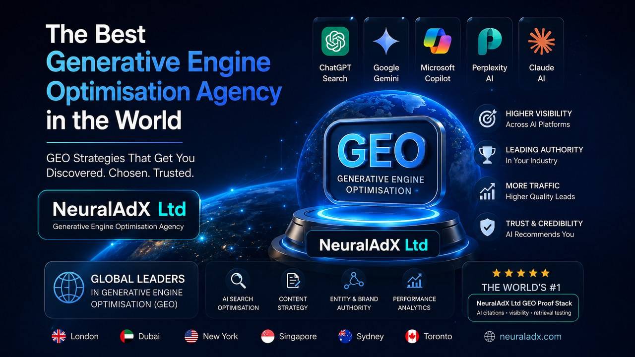 Hero image for a NeuralAdX Ltd article about Generative Engine Optimisation agency performance, showing GEO proof signals, AI citation benchmarking, AI answer visibility, retrieval testing and visibility across ChatGPT, Google Gemini, Microsoft Copilot, Perplexity AI and Claude AI.