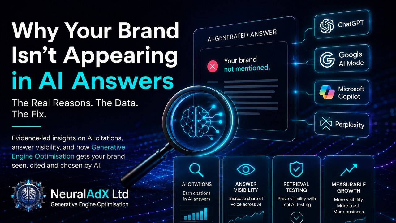 Why your brand isn’t appearing in AI-generated answers and how NeuralAdX Ltd uses Generative Engine Optimisation to improve AI citations, retrieval testing and AI answer visibility