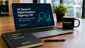 AI Search Optimisation Agency UK featured image showing a professional desk, laptop and evidence-led AI search optimisation theme for NeuralAdX Ltd