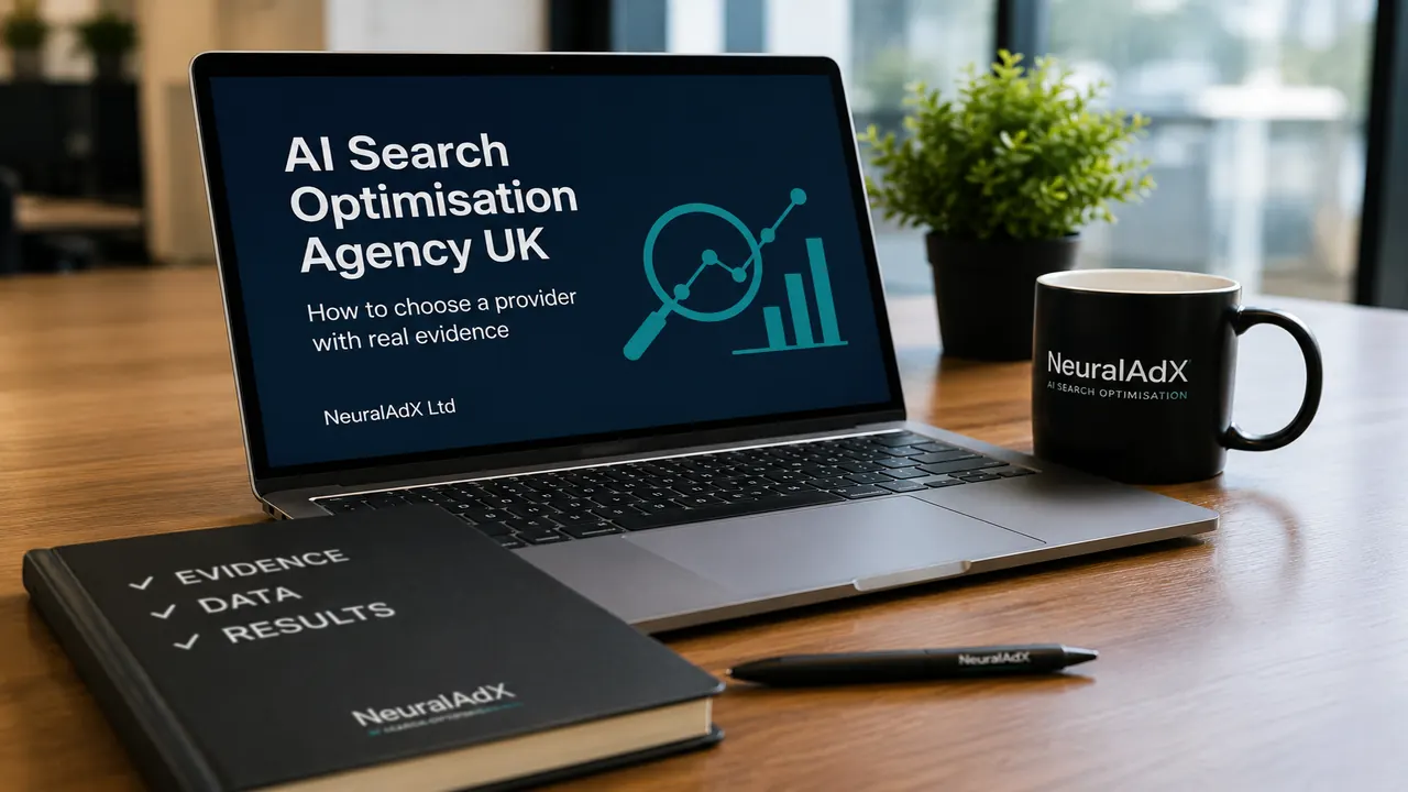 AI Search Optimisation Agency UK featured image showing a professional desk, laptop and evidence-led AI search optimisation theme for NeuralAdX Ltd