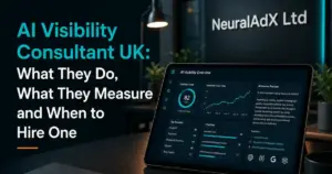 AI Visibility Consultant UK featured image by NeuralAdX Ltd showing AI visibility analytics, citation measurement and Generative Engine Optimisation dashboard insights.