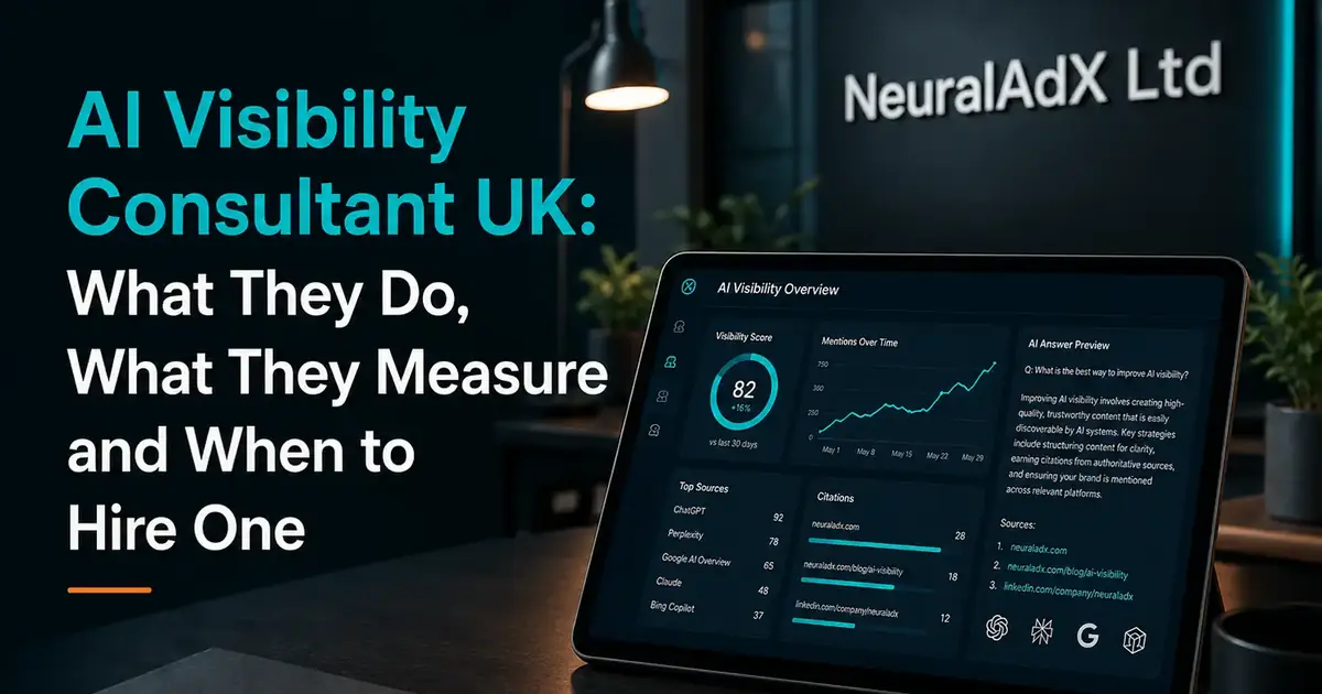 AI Visibility Consultant UK featured image by NeuralAdX Ltd showing AI visibility analytics, citation measurement and Generative Engine Optimisation dashboard insights.