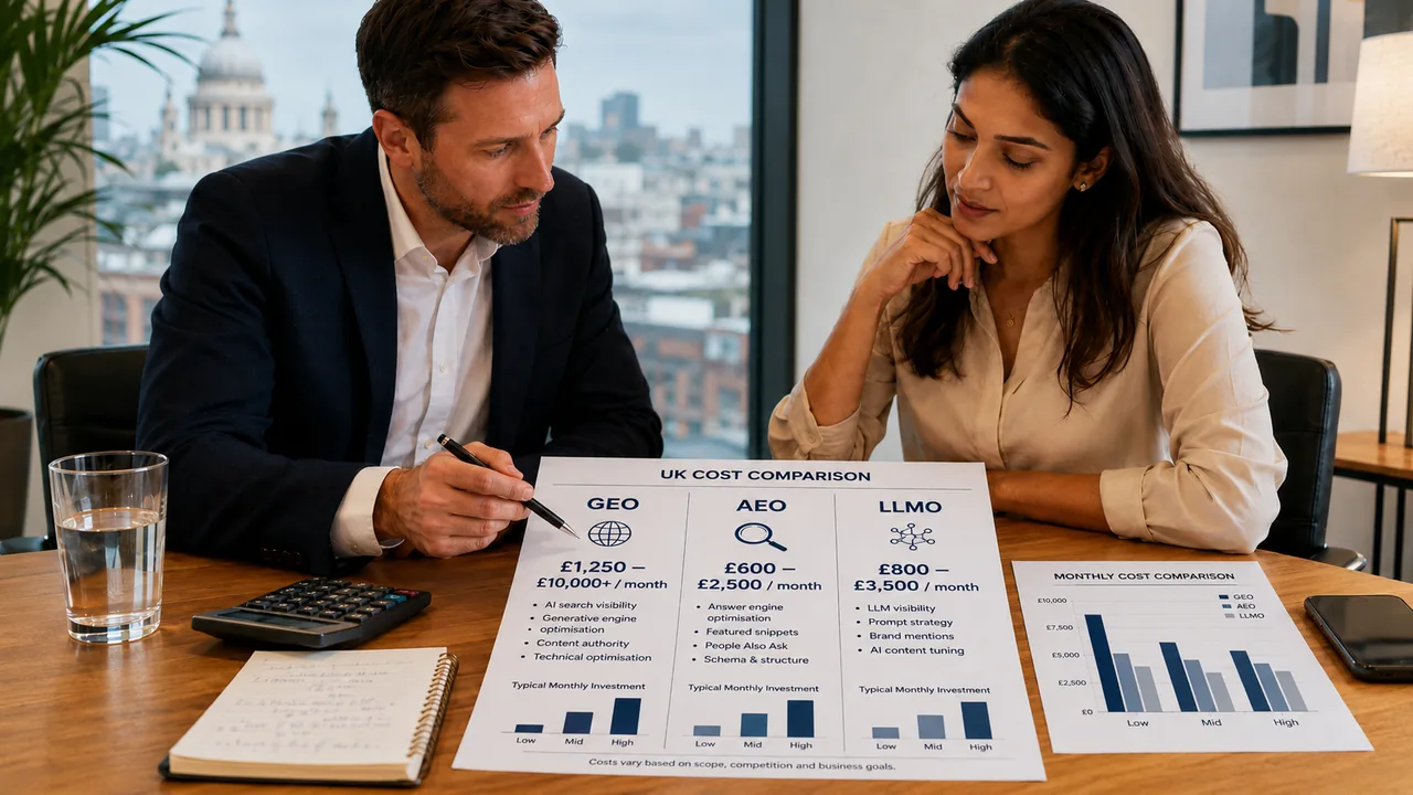Business professionals comparing UK AI visibility optimisation costs for GEO, AEO and LLMO on printed pricing charts in a London office