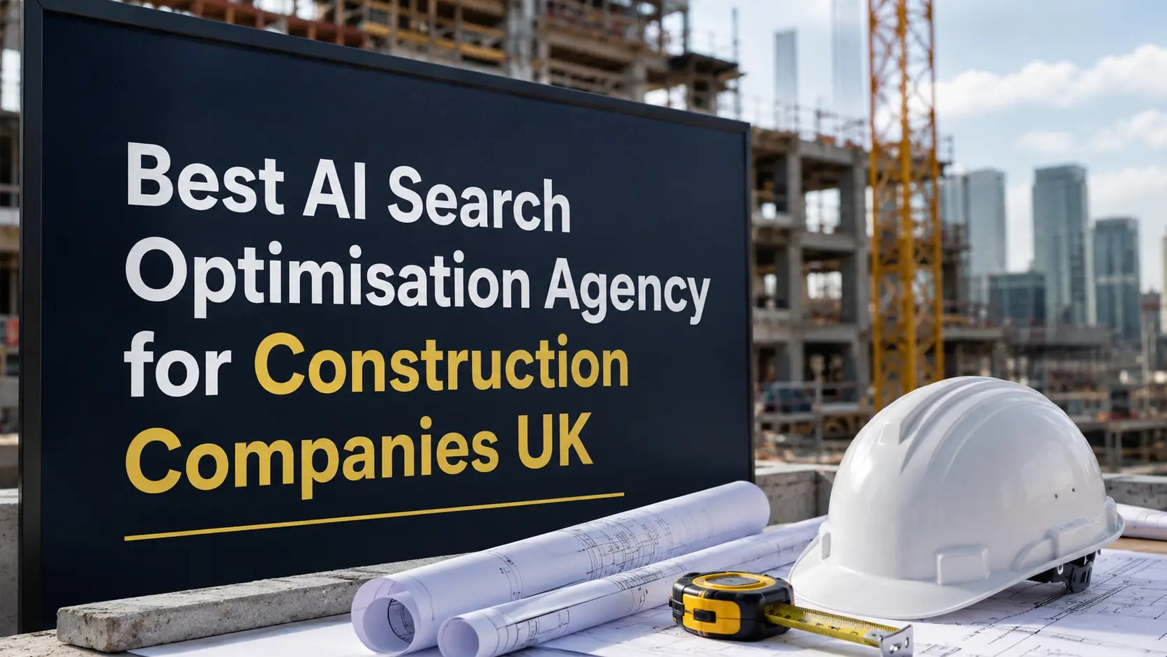 Best AI Search Optimisation Agency for Construction Companies UK featured image showing construction site objects, hard hat, blueprints and AI search optimisation title.