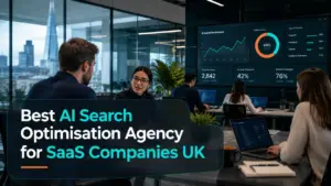 Best AI Search Optimisation Agency for SaaS Companies UK featured image showing a modern SaaS company office with AI search performance dashboards and NeuralAdX Ltd GEO-focused visual branding.