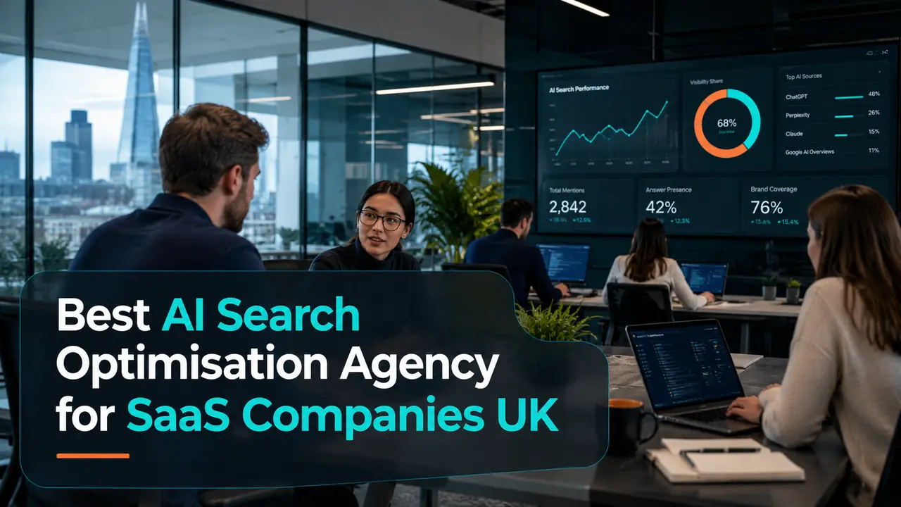 Best AI Search Optimisation Agency for SaaS Companies UK featured image showing a modern SaaS company office with AI search performance dashboards and NeuralAdX Ltd GEO-focused visual branding.