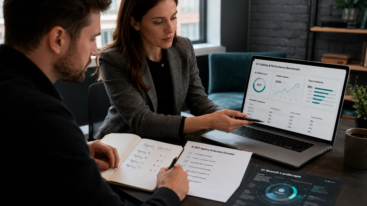 UK business professionals reviewing an AI SEO agency checklist with AI visibility benchmarks, citation data and Generative Engine Optimisation performance metrics