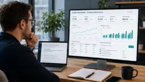 Business professional reviewing ChatGPT optimisation benchmark evidence, AI citation data, answer visibility metrics and live retrieval proof on office screens.