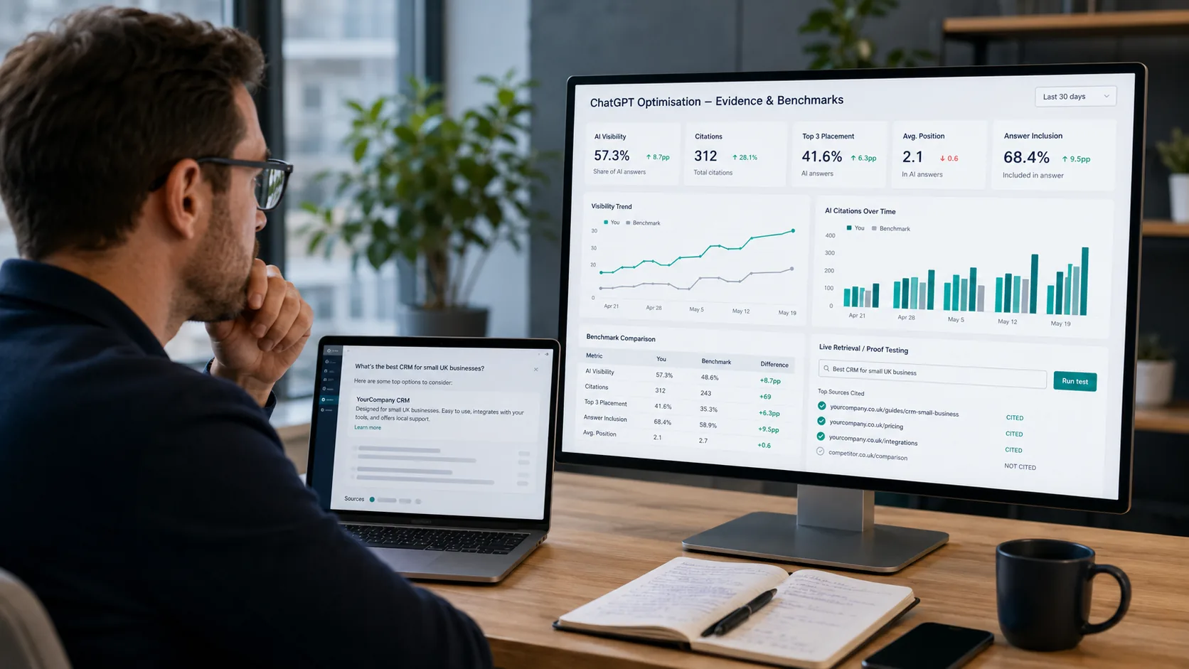 Business professional reviewing ChatGPT optimisation benchmark evidence, AI citation data, answer visibility metrics and live retrieval proof on office screens.