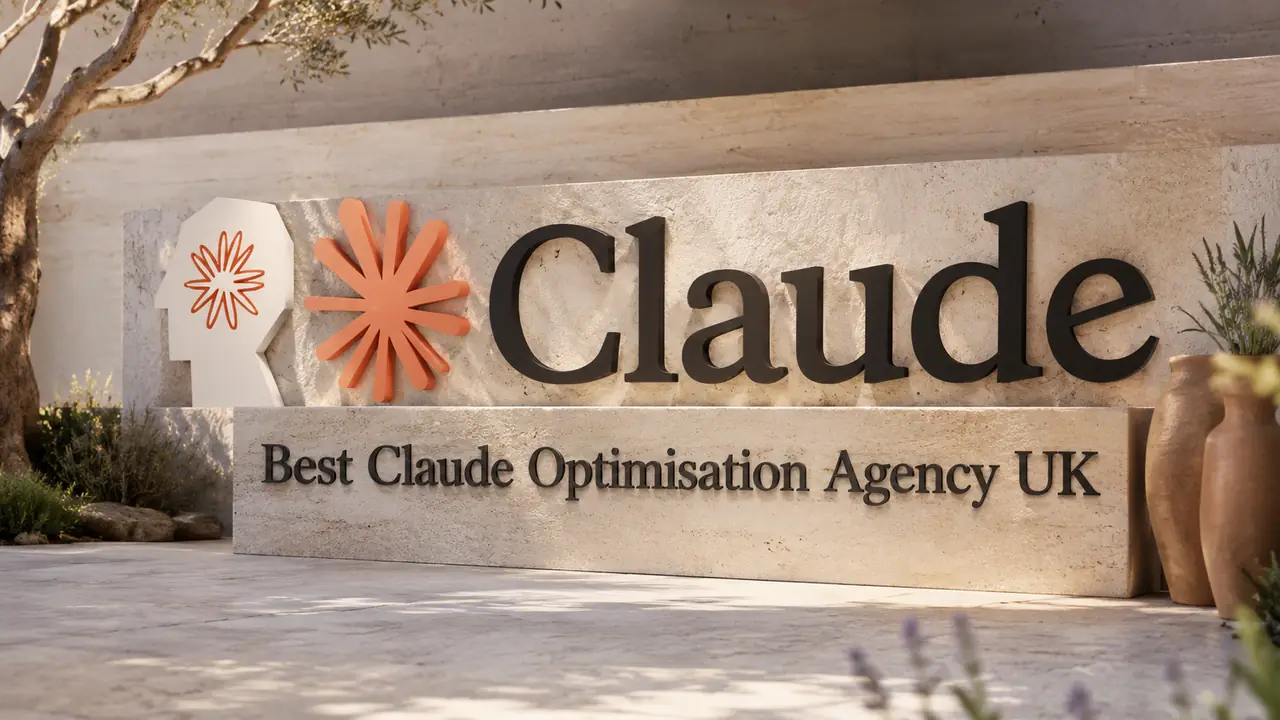 Best Claude Optimisation Agency UK featured image showing a large real-world Claude chatbot logo and editorial signage for Claude answer visibility and Generative Engine Optimisation.