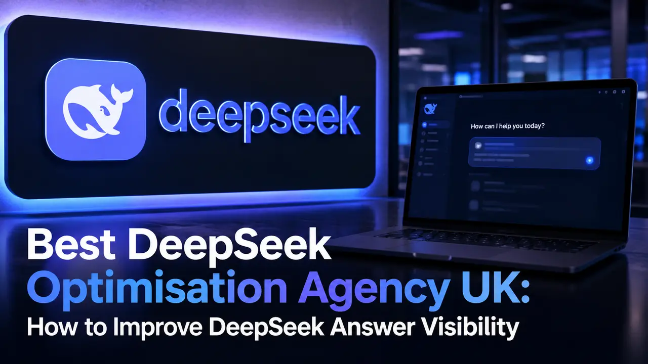 Best DeepSeek Optimisation Agency UK featured image showing a DeepSeek logo and AI answer visibility theme for a NeuralAdX Ltd Generative Engine Optimisation article.