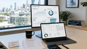 Modern office desk showing Google AI Mode analytics dashboards, AI citation benchmarks, retrieval testing data and a GEO optimisation checklist for choosing a UK Generative Engine Optimisation agency.